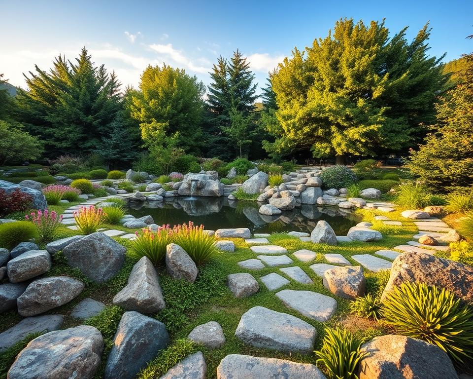 A serene stein garden designed for a cozy backyard. In the foreground, a variety of meticulously arranged stones and boulders create natural pathways, interspersed with vibrant Alpine plants like saxifrage and sedum. The middle ground features a tranquil pond reflecting the surrounding greenery, with a small stone fountain gently bubbling. In the background, lush trees provide shade, while a clear blue sky with soft clouds adds depth to the scene. The lighting is warm and golden, reminiscent of a late afternoon sun. The image conveys a peaceful and inviting atmosphere, perfect for outdoor relaxation. Capture the details with a slight depth of field, focusing on the textures of the stones and foliage, to evoke a sense of harmony and beauty.