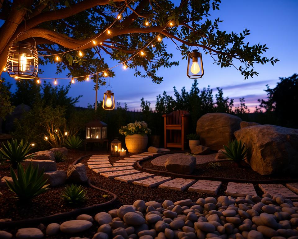 A serene stone garden at dusk, illuminated by soft, ambient lighting. In the foreground, artfully arranged smooth pebbles and small succulents create a tranquil setting. The middle ground features graceful LED string lights draped over neatly arranged boulders and rustic wooden accents, giving off a warm glow. Lanterns hang delicately from branches, casting intricate shadows on the ground. In the background, the silhouette of lush greenery softly frames the scene, enhancing the intimate atmosphere. A clear twilight sky with hints of purple and orange hues adds a sense of depth. The mood is peaceful and inviting, perfect for relaxation and contemplation. Emphasize the interplay between light and shadows to enrich the visual experience.