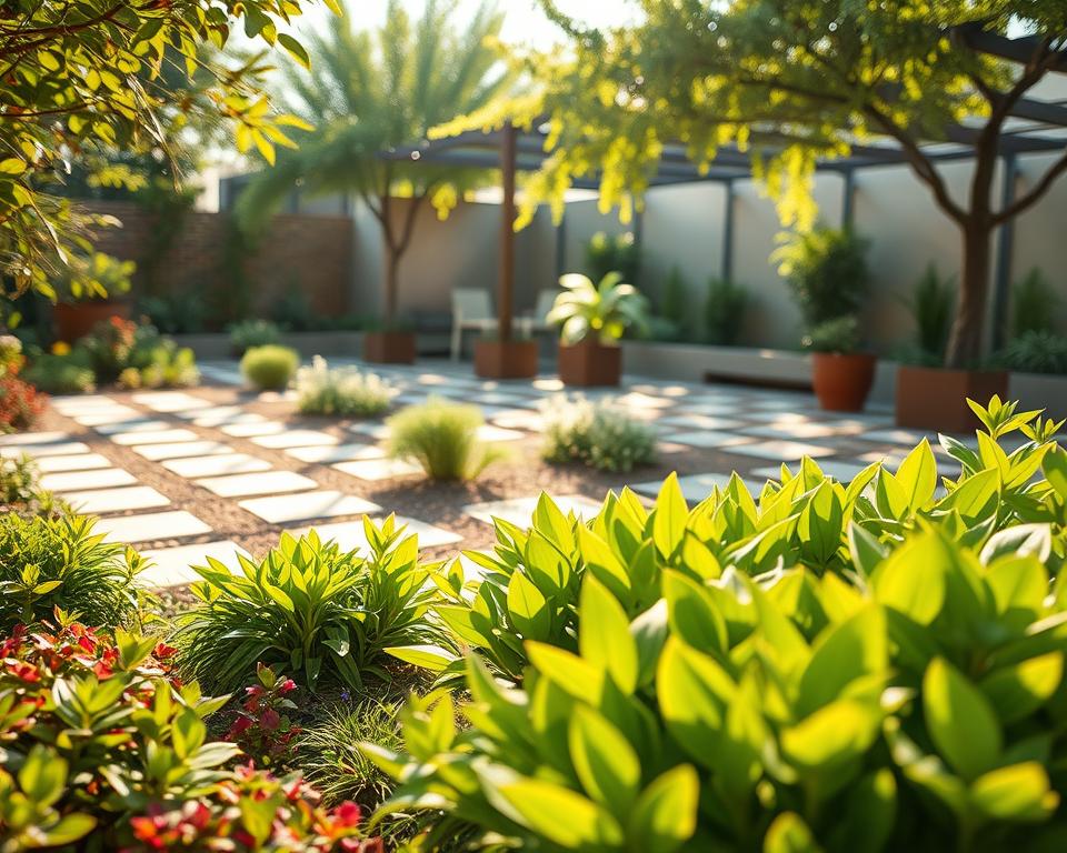 A serene sustainable garden scene showcasing effective climate adaptation strategies. In the foreground, vibrant greenery thrives, with a variety of plants that thrive in hotter conditions, creating a lush carpet of color. The middle ground features decorative stone paving designed for aesthetic appeal and heat reduction, interspersed with small trees and shrubs to improve microclimate. The background reveals a shaded seating area, with sunlight filtering through the leaves, casting soft shadows that create a tranquil atmosphere. The lighting is warm and inviting, suggesting a late afternoon glow. The focus is a harmonious balance between nature and modern design, promoting sustainable gardening and climate resilience without any human presence.