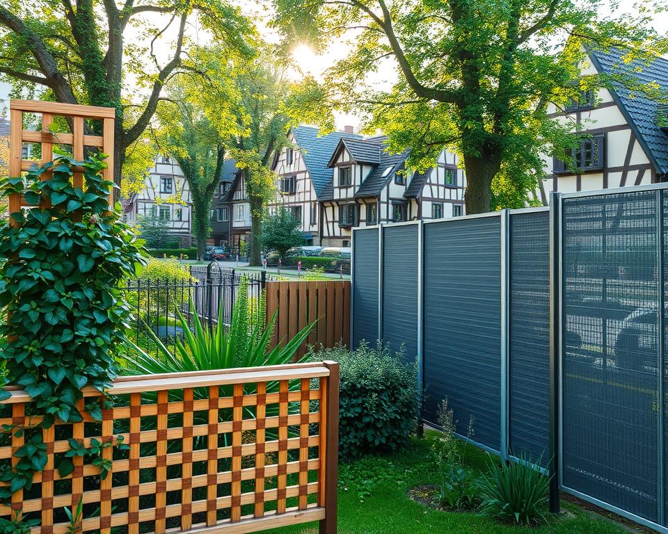 A serene urban environment in Germany showcasing a beautifully landscaped garden bordered by various types of privacy fences. In the foreground, a wooden lattice fence covered in climbing plants contrasts with a sleek metal privacy screen, both demonstrating popular fence designs. The middle ground features a charming residential street with half-timbered houses, reflecting traditional German architecture. In the background, soft sunlight filters through leafy trees, creating a warm, inviting atmosphere. The scene is captured with a slightly elevated angle, giving a clear view of the fences and the harmonious neighborhood. The mood is peaceful and harmonious, perfectly illustrating the legal aspects and community aspects of privacy fencing in residential areas.