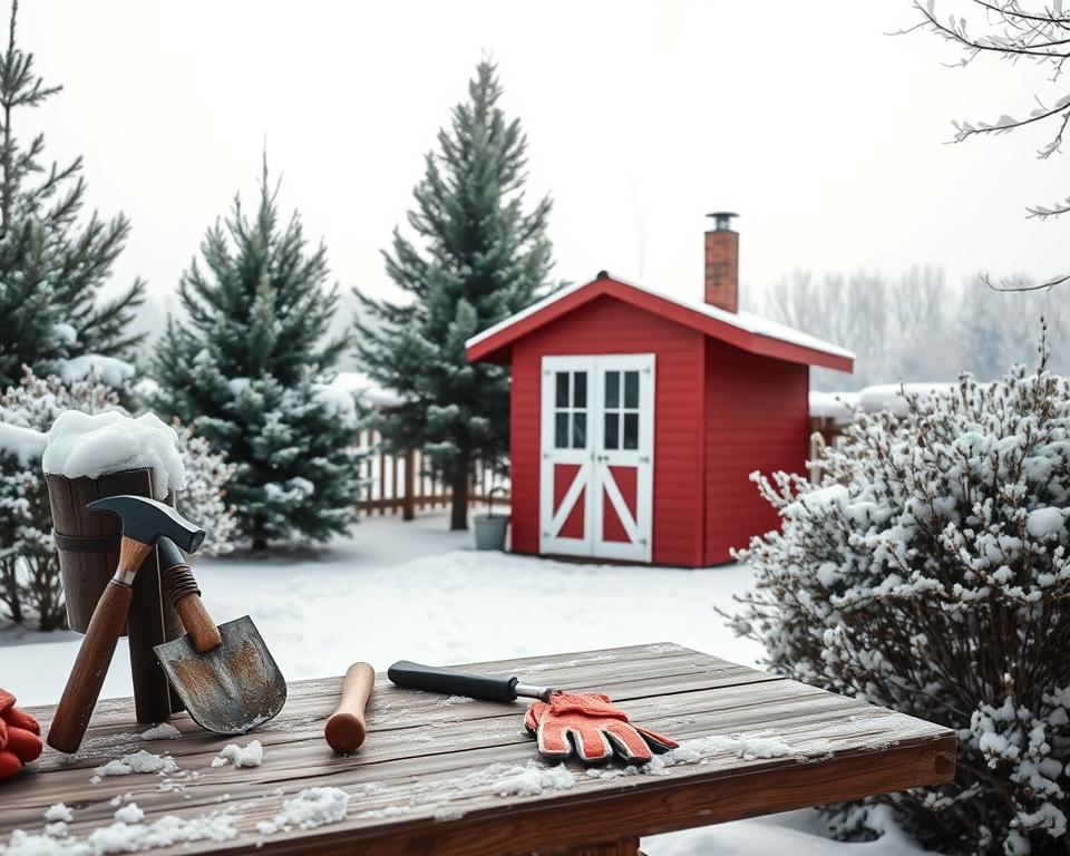 A serene winter scene depicting a well-maintained garden shed surrounded by freshly fallen snow. In the foreground, a wooden workbench adorned with tools like a hammer, shovel, and gardening gloves, suggesting preparation for winter maintenance. The middle ground features the garden shed, painted in a cozy red, with smoke gently rising from the chimney, indicating warmth inside. Pine trees dusted with snow frame the shed, while a pale winter sky casts soft, diffused light over the entire scene, creating a calm atmosphere. In the background, frosted bushes hint at the cold season. The composition should have a peaceful, inviting mood, emphasizing the importance of winter readiness for garden maintenance. A serene winter scene depicting a well-maintained garden shed surrounded by freshly fallen snow. In the foreground, a wooden workbench adorned with tools like a hammer, shovel, and gardening gloves, suggesting preparation for winter maintenance. The middle ground features the garden shed, painted in a cozy red, with smoke gently rising from the chimney, indicating warmth inside. Pine trees dusted with snow frame the shed, while a pale winter sky casts soft, diffused light over the entire scene, creating a calm atmosphere. In the background, frosted bushes hint at the cold season. The composition should have a peaceful, inviting mood, emphasizing the importance of winter readiness for garden maintenance.