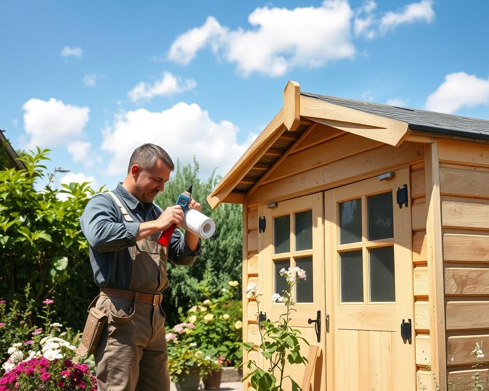 A skilled tradesperson is carefully applying roofing felt to the sloped roof of a corner garden shed in a tranquil outdoor setting. In the foreground, the tradesperson, dressed in modest work attire, holds a roll of roofing felt while using a utility knife to trim it accurately. In the middle ground, the partially completed shed is surrounded by lush greenery and blooming flowers, showcasing a picturesque garden environment. The background features a clear blue sky with soft white clouds, enhancing the serene mood. The lighting is bright and natural, suggesting a sunny day, casting soft shadows that add depth. The composition is slightly angled, giving a dynamic perspective on the roofing process while emphasizing the shed's unique design.