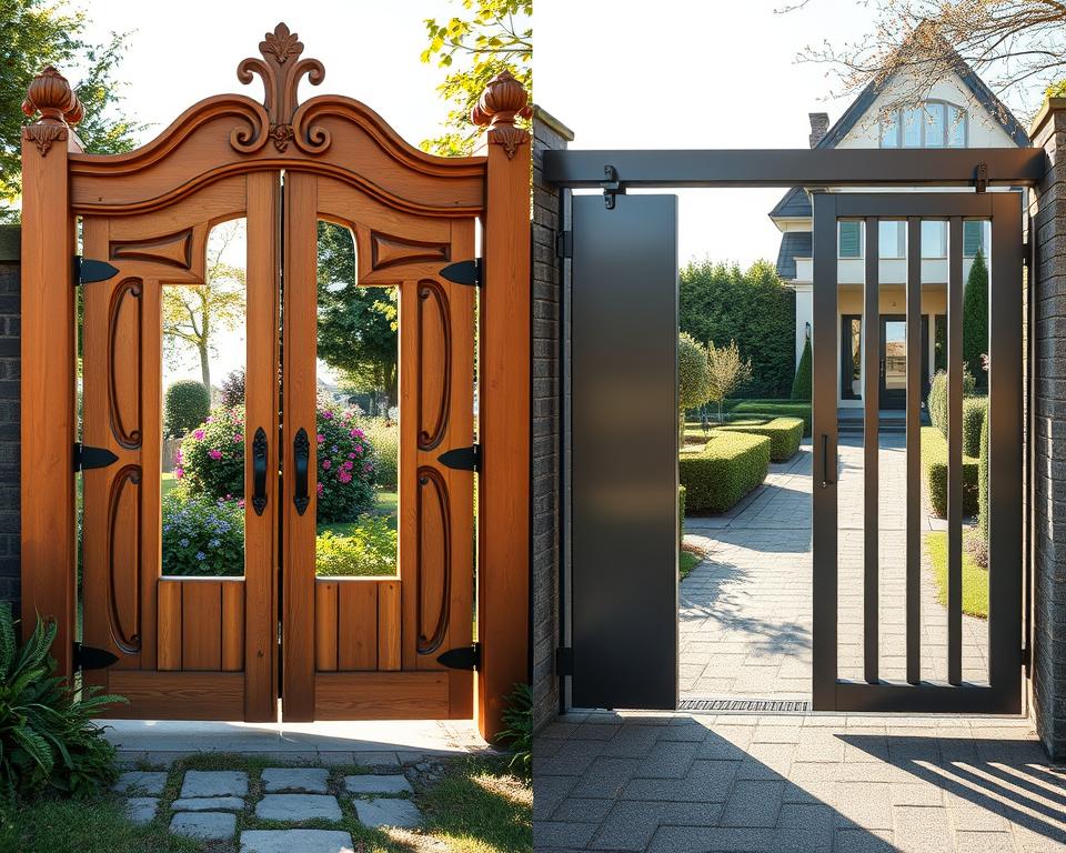 A split image showcasing two distinct garden gate designs. On the left, a traditional double leaf gate (“Drehflügeltor”) made of rustic wood, elegantly opened to reveal a charming garden behind it, surrounded by vibrant flowers and greenery. The gate features intricate carvings and a warm, natural finish. On the right, a modern sliding gate (“Schiebetor”) made of sleek metal, partially opened to show a clear pathway with landscaped bushes and a contemporary home in the background. The setting is illuminated by soft afternoon sunlight, creating gentle shadows. The perspective is eye-level, capturing both gates from a slight angle to emphasize their architectural differences while maintaining a serene, harmonious atmosphere. The overall mood is inviting and peaceful.