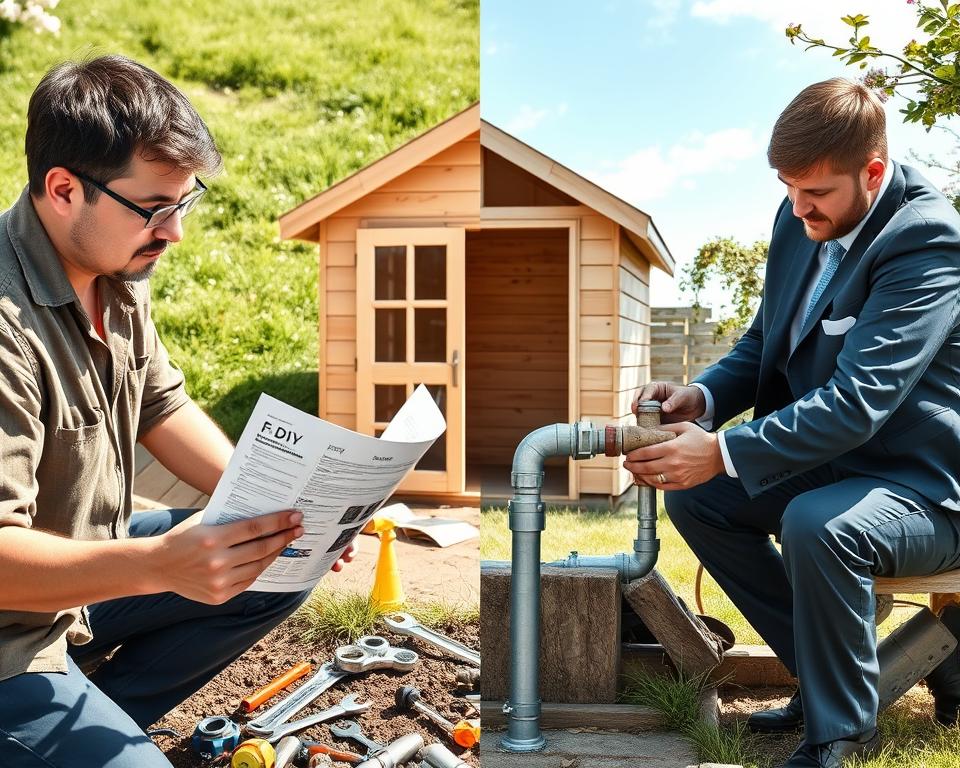 A split scene depicting the comparison between DIY and professional installation of a garden house water connection. In the foreground, on the left, a focused individual in modest casual clothing carefully examines a DIY plumbing guide while surrounded by tools like wrenches and pipes, emphasizing a hands-on approach. On the right, a professional technician in business attire efficiently connects pipes, showcasing expertise and precision. In the middle ground, a garden house is partially constructed, with visible plumbing work in progress. The background features a bright sunny day with green grass and blooming flowers, creating an inviting atmosphere. Soft, natural lighting enhances the scene, suggesting both project options are viable. The angle is slightly elevated, providing a comprehensive view of both scenarios. A split scene depicting the comparison between DIY and professional installation of a garden house water connection. In the foreground, on the left, a focused individual in modest casual clothing carefully examines a DIY plumbing guide while surrounded by tools like wrenches and pipes, emphasizing a hands-on approach. On the right, a professional technician in business attire efficiently connects pipes, showcasing expertise and precision. In the middle ground, a garden house is partially constructed, with visible plumbing work in progress. The background features a bright sunny day with green grass and blooming flowers, creating an inviting atmosphere. Soft, natural lighting enhances the scene, suggesting both project options are viable. The angle is slightly elevated, providing a comprehensive view of both scenarios.