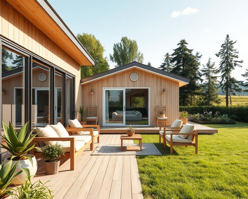 A stylish Scandinavian garden house design, featuring sleek lines and large windows that invite natural light. In the foreground, a cozy wooden porch with minimalist furniture, adorned with potted plants and soft cushions in neutral tones. The middle ground showcases the garden house itself, built with light-colored wood and a sloping roof, surrounded by lush greenery and a pristine lawn. In the background, a serene landscape with tall trees and a clear sky, creating a peaceful atmosphere. The image should have warm, inviting lighting, capturing the essence of a bright summer day, viewed from a slightly elevated angle to emphasize the architectural details. The overall mood should resonate with tranquility and harmony, reflecting a perfect Scandinavian retreat.