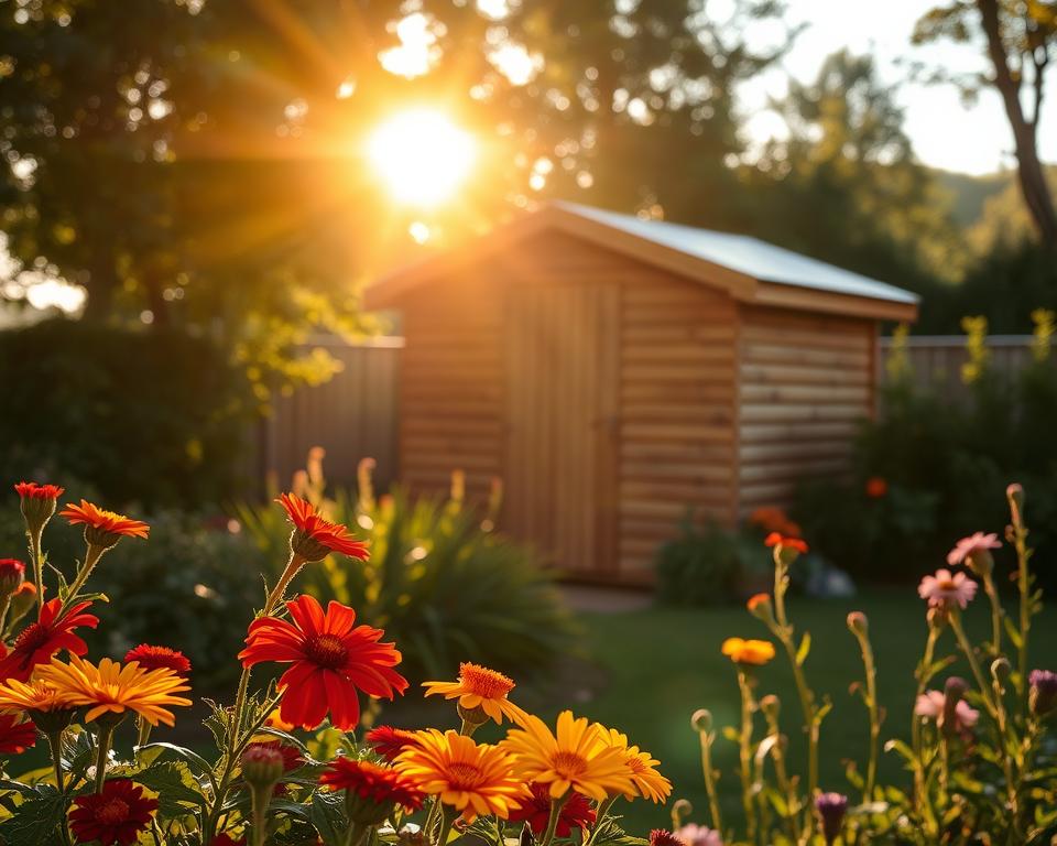 A tranquil garden shed bathed in the warm, golden light of the late afternoon sun. In the foreground, vibrant flowers in full bloom, adding rich colors of red, yellow, and purple, drawing the eye towards the shed. The middle ground features the charming timber garden house, with soft shadows highlighting its texture, surrounded by lush green foliage. In the background, soft, diffused sunlight filters through the trees, creating a serene atmosphere. The angle is slightly elevated, capturing the enchanting light conditions, ideal for photography. The mood is peaceful and inviting, emphasizing the beauty of golden hour and the perfect light for capturing the essence of the garden space. The image is devoid of any text or watermarks, focusing solely on the stunning scene. A tranquil garden shed bathed in the warm, golden light of the late afternoon sun. In the foreground, vibrant flowers in full bloom, adding rich colors of red, yellow, and purple, drawing the eye towards the shed. The middle ground features the charming timber garden house, with soft shadows highlighting its texture, surrounded by lush green foliage. In the background, soft, diffused sunlight filters through the trees, creating a serene atmosphere. The angle is slightly elevated, capturing the enchanting light conditions, ideal for photography. The mood is peaceful and inviting, emphasizing the beauty of golden hour and the perfect light for capturing the essence of the garden space. The image is devoid of any text or watermarks, focusing solely on the stunning scene.