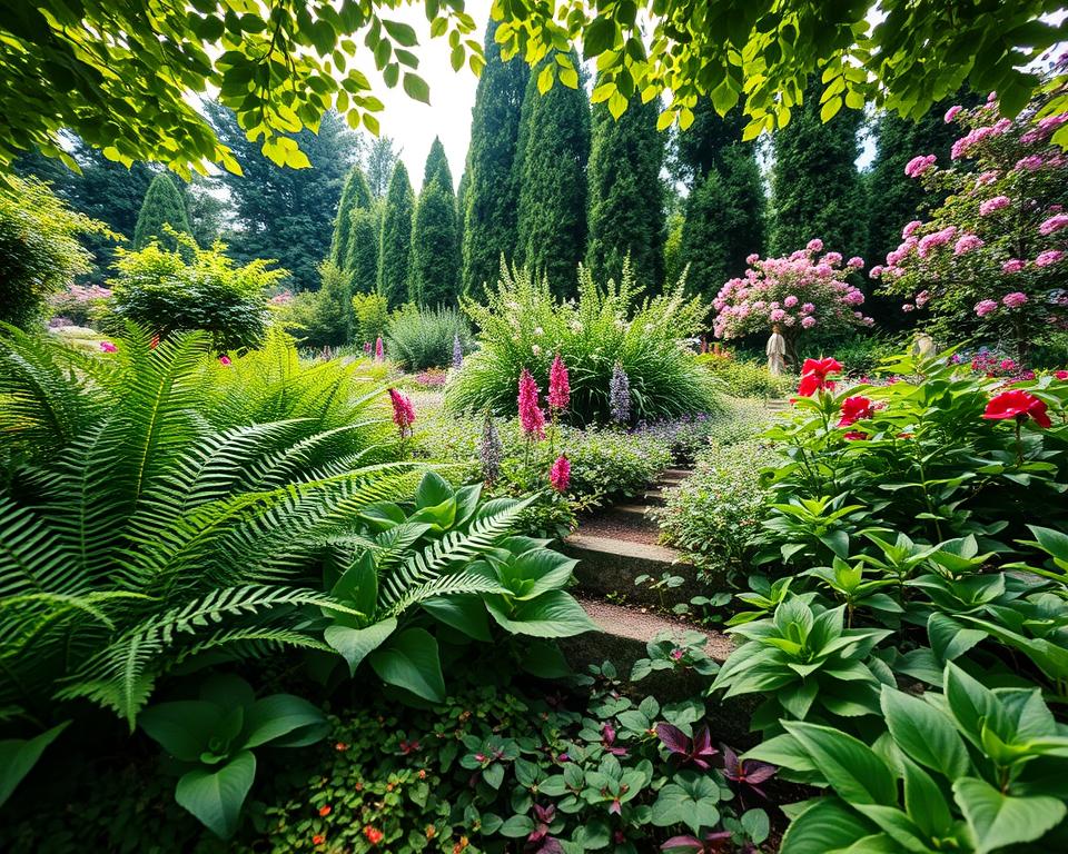 A vibrant garden scene showcasing a variety of plants ideal for partial shade and full shade. In the foreground, lush ferns and delicate hostas with broad green leaves are intertwined with colorful, low-maintenance ground covers like creeping thyme and ajuga. The middle ground features elegant, flowering plants such as astilbe and impatiens, providing pops of color against the greenery. In the background, tall, stately shrubs like hydrangeas and rhododendrons create a lush backdrop. Soft dappled sunlight filters through the leaves overhead, casting gentle shadows and enhancing the serene atmosphere. The perspective is from a low angle, highlighting the intricate details of the foliage while creating a sense of depth in this peaceful, shaded garden retreat. The mood is tranquil and inviting, perfect for relaxation and contemplation.