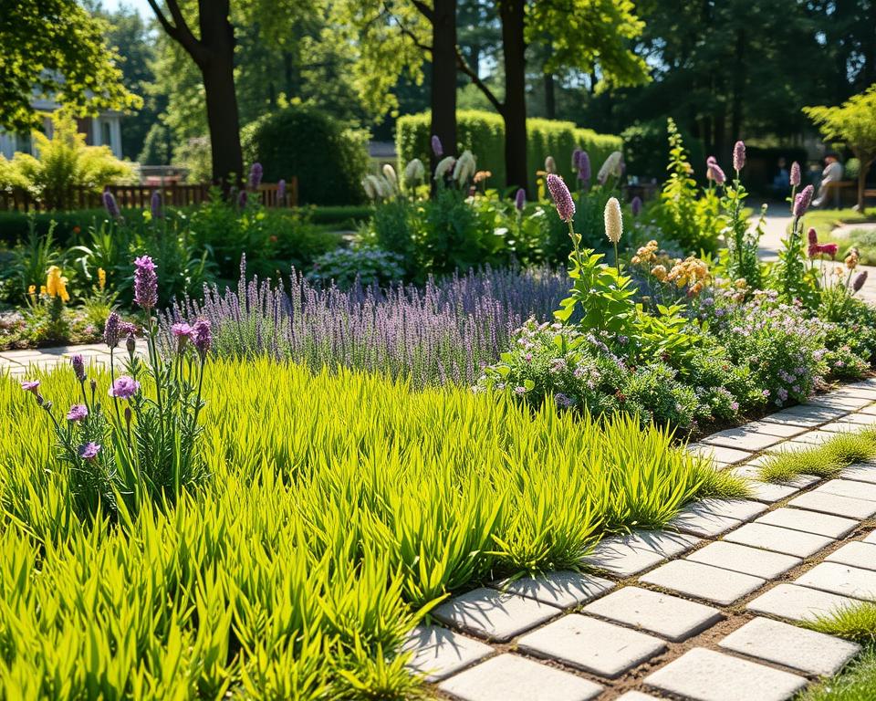 A vibrant garden scene showcasing the concept of promoting biodiversity through green joints and paved border planting. In the foreground, lush, green grass emerges between intricately designed stones, with flowering plants and herbs providing color and texture. The middle ground features a variety of native plants, including pollinator-friendly species like lavender and bee balm, densely planted along the edges of the paving stones, creating a harmonious blend of hardscape and softscape. In the background, sunlight filters through tall trees, casting dappled shadows over the scene, enhancing the lush atmosphere. The composition is captured from a slightly elevated angle, creating depth and inviting viewers into this sustainable garden space. The overall mood is tranquil and inviting, emphasizing the balance between urban landscaping and natural ecosystems.