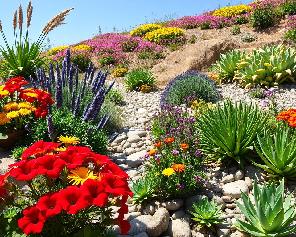 A vibrant sunny garden scene showcasing a selection of plants ideal for sunny locations. In the foreground, feature a diverse array of colorful perennials and succulents, such as vibrant red and yellow geraniums, tough lavender, and jade plants. The middle ground should include a rocky pathway with smooth pebbles and ornamental grasses swaying gently in the breeze. In the background, add a sunlit hillside filled with blooming wildflowers under a clear blue sky, creating an inviting atmosphere. Natural sunlight casts soft shadows, highlighting the textures of the leaves and rocks. Capture the image from a slightly elevated angle, emphasizing the layers of plant life while maintaining a warm, cheerful mood throughout the composition.