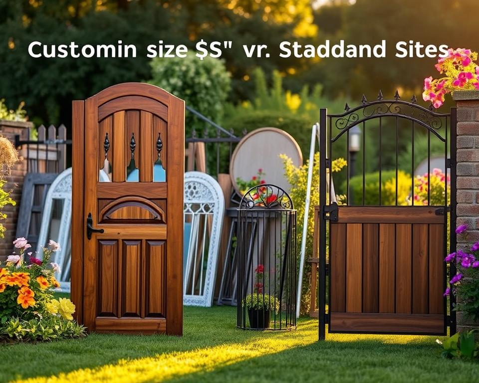 A visual comparison of various garden gates highlighting custom sizes versus standard sizes. In the foreground, display a beautifully crafted custom garden gate made of rich wood, showcasing intricate designs, standing beside a standard metal garden gate with a simple, sleek appearance. In the middle ground, include a variety of gates, emphasizing different styles and sizes, arranged in an aesthetically pleasing manner. The background features a lush garden with vibrant flowers and greenery, bathed in warm, golden sunlight, creating a serene atmosphere. Use a perspective that captures both gates at eye level, accentuating the size difference. Soft focus on the background to make the gates prominent, evoking a sense of tranquility and elegance in gardening.