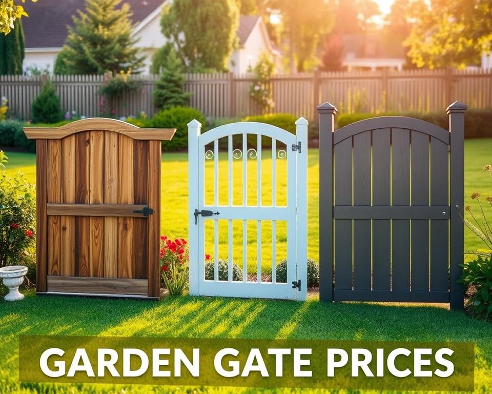 A visually appealing overview of garden gate prices, featuring a variety of garden gates in different styles and materials, such as wooden, wrought iron, and vinyl. In the foreground, display three distinct garden gates side by side, each showcasing unique craftsmanship and texture. The middle ground should include a soft green lawn and flower beds, enhancing the natural aesthetic. The background features a suburban garden landscape with a fence and trees, bathed in warm sunlight to create an inviting atmosphere. Capture the scene from a slightly elevated angle, using a shallow depth of field to blur the background gently, focusing on the gates. The overall mood should be informative yet serene, ideal for illustrating cost considerations for garden gates.