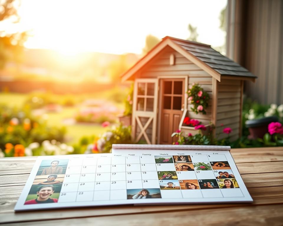 A visually striking depiction of a customizable photo calendar featuring images of a charming garden shed surrounded by vibrant flowers and greenery. In the foreground, a close-up of the calendar's design process is showcased, with sections highlighted for personal photo configurations. The middle ground presents a bright, sunlit scene of the garden shed, exuding a cozy, inviting atmosphere. The background shows a soft-focus landscape of a lush garden, evoking a sense of tranquility. The lighting is warm and natural, creating a cheerful ambiance, while the angle is slightly elevated to give a comprehensive view of both the calendar and the beautiful garden setting. The overall mood is inspiring and creative, perfect for showcasing the technical aspect of designing a personalized photo calendar. A visually striking depiction of a customizable photo calendar featuring images of a charming garden shed surrounded by vibrant flowers and greenery. In the foreground, a close-up of the calendar's design process is showcased, with sections highlighted for personal photo configurations. The middle ground presents a bright, sunlit scene of the garden shed, exuding a cozy, inviting atmosphere. The background shows a soft-focus landscape of a lush garden, evoking a sense of tranquility. The lighting is warm and natural, creating a cheerful ambiance, while the angle is slightly elevated to give a comprehensive view of both the calendar and the beautiful garden setting. The overall mood is inspiring and creative, perfect for showcasing the technical aspect of designing a personalized photo calendar.