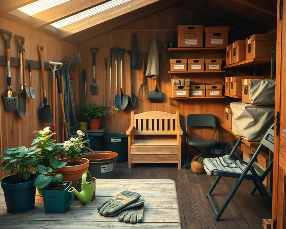 A warm and inviting garden shed interior, featuring neatly organized gardening tools, furniture, and storage solutions. In the foreground, a rustic wooden table holds potted plants and neatly arranged gardening gloves. In the middle ground, tools such as shovels, rakes, and watering cans hang on the wall, complemented by shelves filled with boxes labeled for easy identification. In the background, garden furniture like a small wooden bench and folding chairs are stacked covered with protective tarps. Soft, diffused lighting creates a cozy atmosphere, mimicking the golden hour, while a slight camera angle from above captures the organized arrangement. The scene evokes a sense of preparation and care for the upcoming winter, highlighting the importance of proper storage. A warm and inviting garden shed interior, featuring neatly organized gardening tools, furniture, and storage solutions. In the foreground, a rustic wooden table holds potted plants and neatly arranged gardening gloves. In the middle ground, tools such as shovels, rakes, and watering cans hang on the wall, complemented by shelves filled with boxes labeled for easy identification. In the background, garden furniture like a small wooden bench and folding chairs are stacked covered with protective tarps. Soft, diffused lighting creates a cozy atmosphere, mimicking the golden hour, while a slight camera angle from above captures the organized arrangement. The scene evokes a sense of preparation and care for the upcoming winter, highlighting the importance of proper storage.