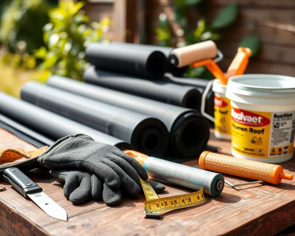 A well-organized assortment of roofing tools and materials for installing bitumen roofing, set in a bright, natural light. In the foreground, display a pair of heavy-duty gloves, a utility knife, a measuring tape, and a paint roller, all neatly arranged on a wooden workbench. In the middle ground, showcase rolls of black bitumen roofing and a bucket of adhesive, exuding a slightly shiny texture. In the background, suggest a serene garden setting with greenery softly blurred, hinting at an angle that captures the essence of outdoor DIY projects. The atmosphere is productive and inviting, encouraging the viewer to dive into their roofing project, with the composition offering a sense of order and readiness without distractions or clutter.