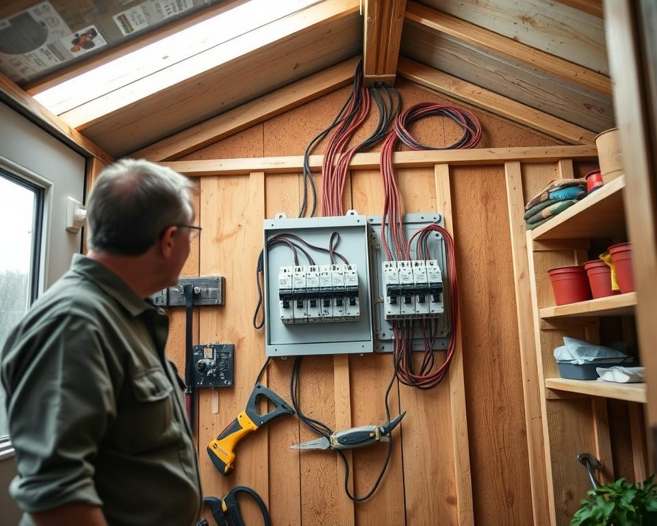 A well-organized garden shed interior showing a correctly installed electrical sub-distribution panel. In the foreground, focus on a person dressed in modest casual clothing inspecting the panel, with tools neatly arranged alongside. The middle layer features the sub-distribution panel mounted on the wall, with clearly labeled circuit breakers, wires neatly organized, and grounding visible. Bright overhead lighting illuminates the workspace, creating a clean and professional atmosphere. In the background, shelves with gardening tools and supplies are visible, adding depth to the scene. The angle is slightly tilted to emphasize the panel, conveying a sense of technical precision and safety. The overall mood is calm and focused, reflecting a diligent approach to electrical installation.