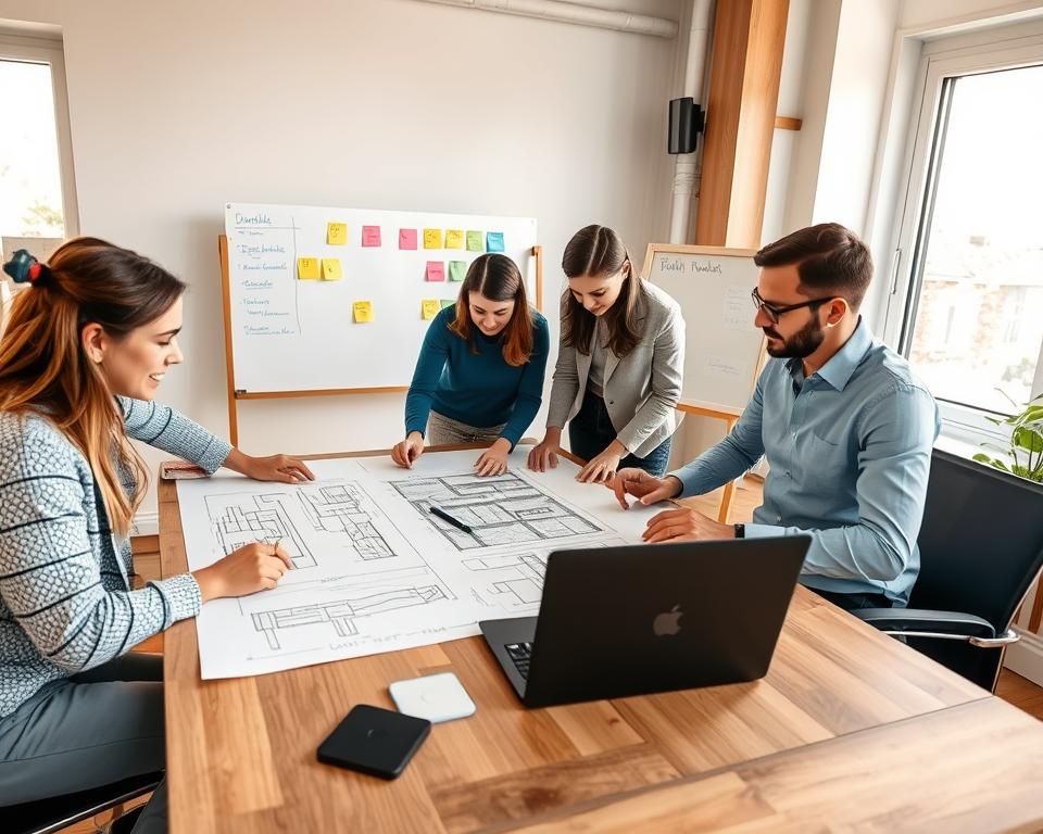 A well-organized planning and approval meeting for building a wooden playhouse, set indoors in a bright, inviting office space. In the foreground, a diverse group of four professionals—two men and two women—are gathered around a large table covered with architectural blueprints, sketches, and a laptop. They are intently discussing and pointing at the blueprints, dressed in smart casual clothing. In the middle background, a whiteboard features colorful post-it notes and planning charts, illustrating steps for construction. Large windows let in warm, natural light, creating a productive and optimistic atmosphere. The overall mood is collaborative and focused, capturing the essence of thoughtful planning and necessary permits for a DIY project. The angle should be slightly elevated, showcasing both the participants and the workspace effectively. A well-organized planning and approval meeting for building a wooden playhouse, set indoors in a bright, inviting office space. In the foreground, a diverse group of four professionals—two men and two women—are gathered around a large table covered with architectural blueprints, sketches, and a laptop. They are intently discussing and pointing at the blueprints, dressed in smart casual clothing. In the middle background, a whiteboard features colorful post-it notes and planning charts, illustrating steps for construction. Large windows let in warm, natural light, creating a productive and optimistic atmosphere. The overall mood is collaborative and focused, capturing the essence of thoughtful planning and necessary permits for a DIY project. The angle should be slightly elevated, showcasing both the participants and the workspace effectively.