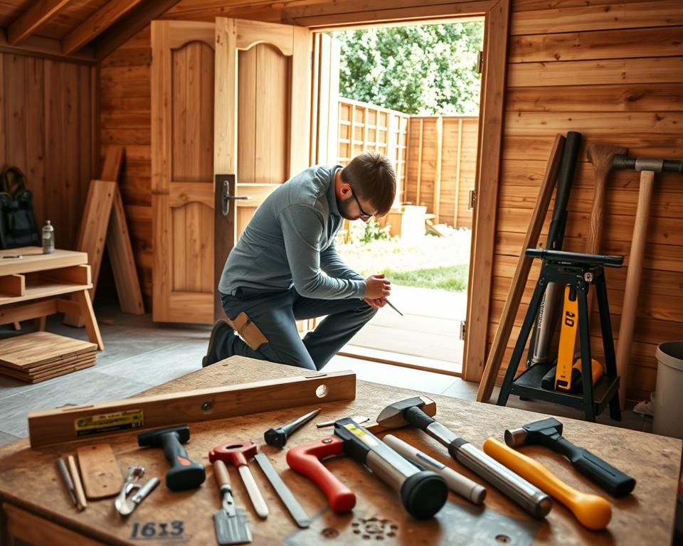 A well-organized workshop scene focused on door installation preparation. In the foreground, a skilled carpenter in professional attire is kneeling beside a wooden door frame, aligning it carefully with a measuring tool. In the middle ground, an array of tools including a level, hammer, and screwdriver are neatly arranged on a workbench, showcasing a comprehensive tool list for the task. The background features an outdoor wooden garden shed, partially visible, with natural light streaming in through an open doorway, creating a warm and inviting atmosphere. The scene is shot from a dynamic angle, emphasizing the meticulous nature of the work while ensuring all elements harmonize to communicate a clear focus on door alignment and preparation. A well-organized workshop scene focused on door installation preparation. In the foreground, a skilled carpenter in professional attire is kneeling beside a wooden door frame, aligning it carefully with a measuring tool. In the middle ground, an array of tools including a level, hammer, and screwdriver are neatly arranged on a workbench, showcasing a comprehensive tool list for the task. The background features an outdoor wooden garden shed, partially visible, with natural light streaming in through an open doorway, creating a warm and inviting atmosphere. The scene is shot from a dynamic angle, emphasizing the meticulous nature of the work while ensuring all elements harmonize to communicate a clear focus on door alignment and preparation.
