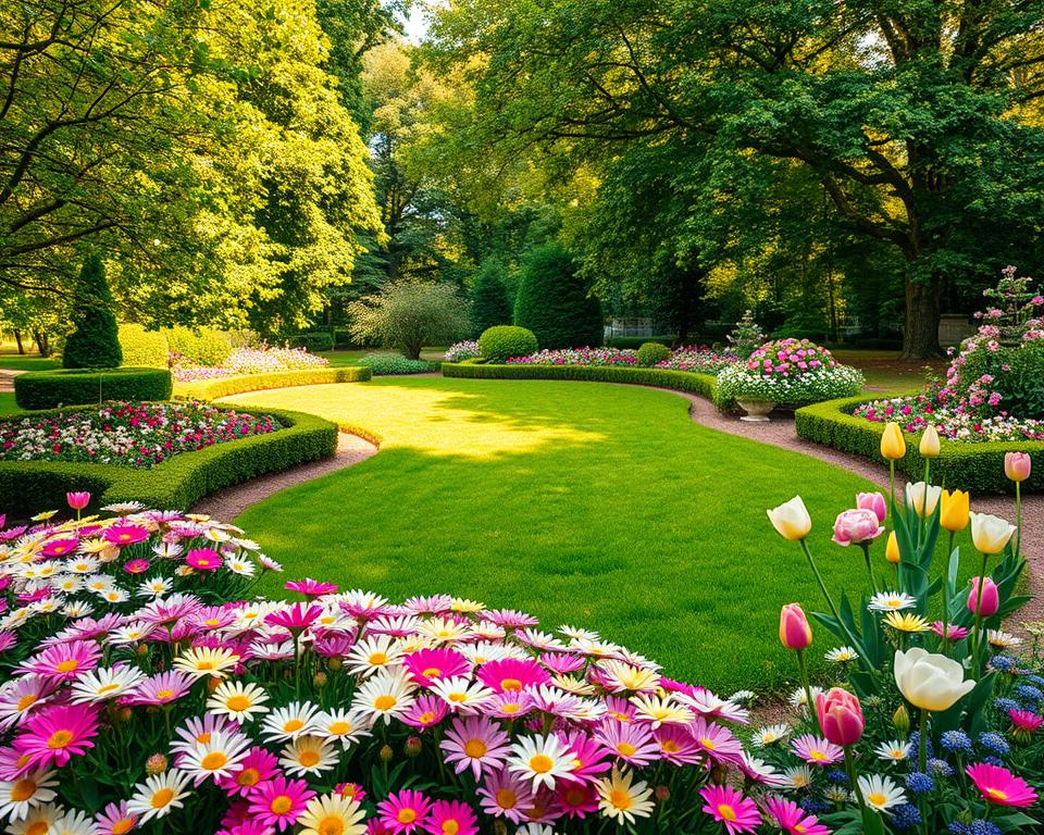 A beautifully arranged garden showcasing a harmonious color concept. In the foreground, vibrant flower beds filled with blooming daisies, tulips, and peonies in shades of pink, yellow, and blue. The middle ground features a neatly trimmed green lawn bordered by neatly arranged shrubs and decorative stones, creating balance and structure. Lush trees with varying shades of green frame the scene, adding depth to the background. Soft, golden sunlight filters through the leaves, casting gentle shadows and creating a warm, inviting atmosphere. The perspective is slightly elevated, allowing a panoramic view of this enchanting garden, emphasizing its harmonious design principles. A beautifully arranged garden showcasing a harmonious color concept. In the foreground, vibrant flower beds filled with blooming daisies, tulips, and peonies in shades of pink, yellow, and blue. The middle ground features a neatly trimmed green lawn bordered by neatly arranged shrubs and decorative stones, creating balance and structure. Lush trees with varying shades of green frame the scene, adding depth to the background. Soft, golden sunlight filters through the leaves, casting gentle shadows and creating a warm, inviting atmosphere. The perspective is slightly elevated, allowing a panoramic view of this enchanting garden, emphasizing its harmonious design principles.