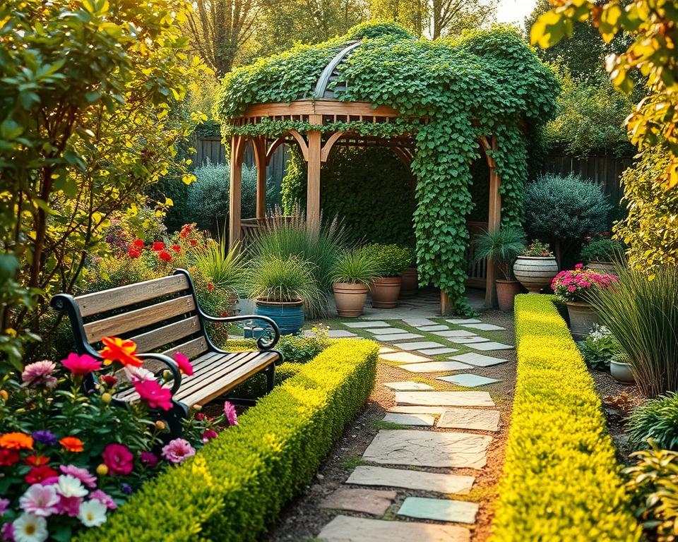 A beautifully designed small garden, featuring elegant pathways lined with colorful flowers and lush greenery. In the foreground, a quaint wooden bench surrounded by vibrant blooms invites relaxation, while carefully manicured hedges frame the scene. The middle ground showcases a harmonious arrangement of various plant species, including potted herbs and ornamental grasses, creating a coalescent garden aesthetic. The background reveals a softly illuminated gazebo draped with climbing vines, bathed in warm, golden sunlight. The atmosphere is serene and inviting, evoking a sense of tranquility and nature's beauty. Capture the image from a slightly elevated angle to enhance depth, using soft focus to emphasize the foreground details while maintaining clarity in the background, reminiscent of a peaceful retreat in a small garden space. A beautifully designed small garden, featuring elegant pathways lined with colorful flowers and lush greenery. In the foreground, a quaint wooden bench surrounded by vibrant blooms invites relaxation, while carefully manicured hedges frame the scene. The middle ground showcases a harmonious arrangement of various plant species, including potted herbs and ornamental grasses, creating a coalescent garden aesthetic. The background reveals a softly illuminated gazebo draped with climbing vines, bathed in warm, golden sunlight. The atmosphere is serene and inviting, evoking a sense of tranquility and nature's beauty. Capture the image from a slightly elevated angle to enhance depth, using soft focus to emphasize the foreground details while maintaining clarity in the background, reminiscent of a peaceful retreat in a small garden space.