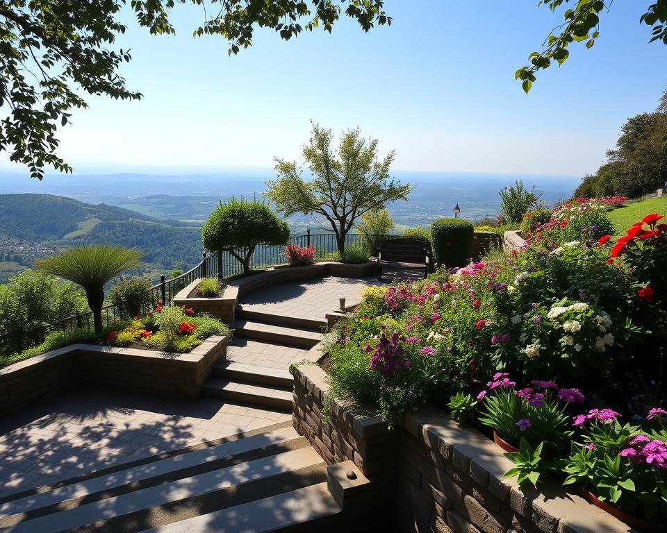 A beautifully terraced garden on a hillside, showcasing multiple levels of lush greenery and colorful flower beds. In the foreground, elegant stone steps lead up to the next terrace, lined with a variety of vibrant flowers and ornamental plants. The middle ground features a quaint seating area with a rustic wooden bench surrounded by thriving shrubs and trees, creating a cozy ambiance. In the background, a panoramic view of the landscape stretches out, with rolling hills and a clear blue sky. Soft sunlight filters through the leaves, casting gentle shadows, while the atmosphere is serene and inviting, perfect for relaxation and nature appreciation. Use a warm color palette to enhance the inviting mood and detailed textures to emphasize the terracing. A beautifully terraced garden on a hillside, showcasing multiple levels of lush greenery and colorful flower beds. In the foreground, elegant stone steps lead up to the next terrace, lined with a variety of vibrant flowers and ornamental plants. The middle ground features a quaint seating area with a rustic wooden bench surrounded by thriving shrubs and trees, creating a cozy ambiance. In the background, a panoramic view of the landscape stretches out, with rolling hills and a clear blue sky. Soft sunlight filters through the leaves, casting gentle shadows, while the atmosphere is serene and inviting, perfect for relaxation and nature appreciation. Use a warm color palette to enhance the inviting mood and detailed textures to emphasize the terracing.