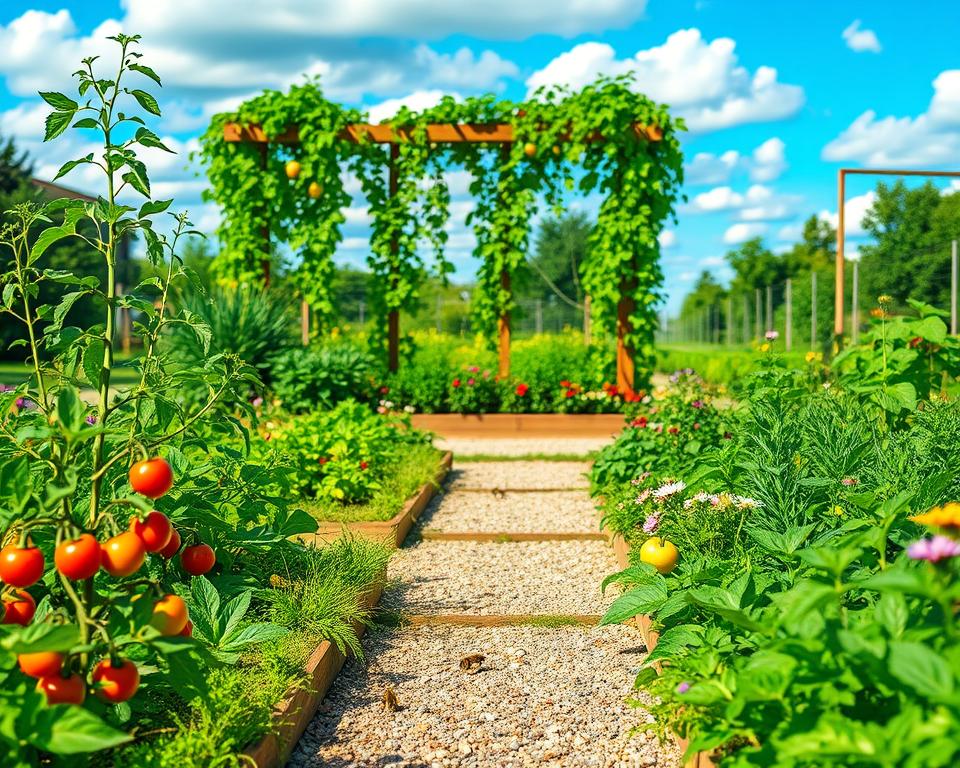 A charming and functional vegetable garden pathway (Wegebelag Nutzgarten), lined with vibrant green plants and neatly organized rows of vegetables such as tomatoes, peppers, and leafy greens. In the foreground, a well-maintained gravel or stone pathway leads through the garden, bordered by wooden or natural stone edging, enhancing the visual appeal. The middle ground features a sunny expanse of flourishing crops, with bees buzzing around colorful flowers in bloom. In the background, a wooden trellis covered with climbing vegetables provides depth, set beneath a bright blue sky with fluffy white clouds. The lighting is warm and inviting, suggesting a late afternoon ambiance that casts soft shadows. This serene garden scene evokes a sense of harmony and practicality in gardening design. A charming and functional vegetable garden pathway (Wegebelag Nutzgarten), lined with vibrant green plants and neatly organized rows of vegetables such as tomatoes, peppers, and leafy greens. In the foreground, a well-maintained gravel or stone pathway leads through the garden, bordered by wooden or natural stone edging, enhancing the visual appeal. The middle ground features a sunny expanse of flourishing crops, with bees buzzing around colorful flowers in bloom. In the background, a wooden trellis covered with climbing vegetables provides depth, set beneath a bright blue sky with fluffy white clouds. The lighting is warm and inviting, suggesting a late afternoon ambiance that casts soft shadows. This serene garden scene evokes a sense of harmony and practicality in gardening design.