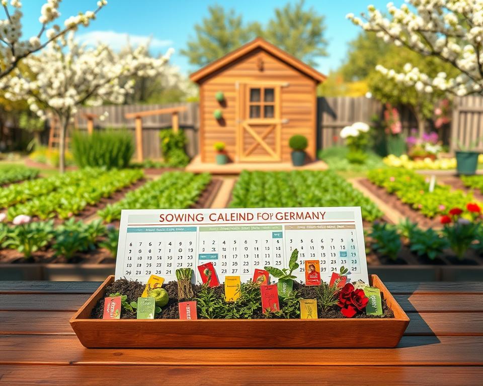 A colorful and detailed illustration of a "Sowing Calendar for Germany" displayed prominently on a wooden table in a cozy garden setting. In the foreground, a beautifully arranged seed tray filled with various seeds, labeled with vibrant tags, showcasing vegetables and flowers suitable for different seasons. In the middle ground, a lush green garden patch with neatly organized rows of seedlings, thriving herbs, and blooming flowers under soft, natural sunlight. The background features a rustic wooden shed surrounded by blooming trees and a clear blue sky, evoking a sense of tranquility and harmony with nature. The lighting is warm and inviting, with soft shadows enhancing the garden's depth, creating an atmosphere of growth and abundance. A colorful and detailed illustration of a "Sowing Calendar for Germany" displayed prominently on a wooden table in a cozy garden setting. In the foreground, a beautifully arranged seed tray filled with various seeds, labeled with vibrant tags, showcasing vegetables and flowers suitable for different seasons. In the middle ground, a lush green garden patch with neatly organized rows of seedlings, thriving herbs, and blooming flowers under soft, natural sunlight. The background features a rustic wooden shed surrounded by blooming trees and a clear blue sky, evoking a sense of tranquility and harmony with nature. The lighting is warm and inviting, with soft shadows enhancing the garden's depth, creating an atmosphere of growth and abundance.