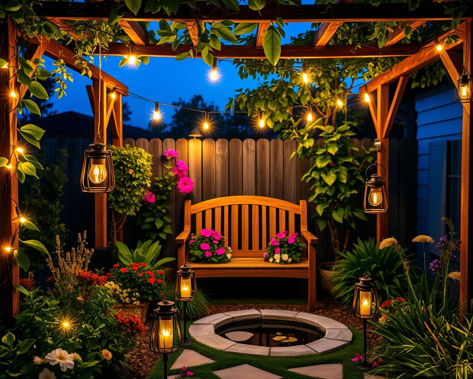 A cozy small garden illuminated by soft, warm garden lighting. In the foreground, well-placed solar lights and string lights dangle from a trellis, gently casting a golden glow on lush greenery and blooming flowers. The middle layer features a charming wooden bench surrounded by a variety of colorful plants, with flickering lanterns on either side adding to the atmosphere. In the background, a small water feature reflects the light, enhancing the sense of depth. The scene is captured at twilight, with the sky transitioning to deep blue, creating a serene, inviting ambiance. The image showcases how lighting can enlarge and enhance a small garden space, inviting relaxation and enjoyment. A cozy small garden illuminated by soft, warm garden lighting. In the foreground, well-placed solar lights and string lights dangle from a trellis, gently casting a golden glow on lush greenery and blooming flowers. The middle layer features a charming wooden bench surrounded by a variety of colorful plants, with flickering lanterns on either side adding to the atmosphere. In the background, a small water feature reflects the light, enhancing the sense of depth. The scene is captured at twilight, with the sky transitioning to deep blue, creating a serene, inviting ambiance. The image showcases how lighting can enlarge and enhance a small garden space, inviting relaxation and enjoyment.