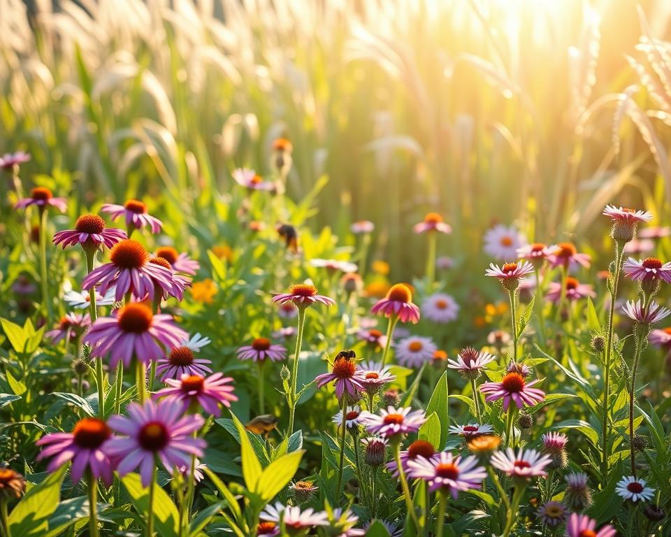 A lush garden that embodies biodiversity, featuring a vibrant array of native plants and flowers such as coneflowers, milkweed, and asters, attracting various pollinators like bees, butterflies, and hummingbirds. In the foreground, diverse greenery with colorful blossoms set against a softly blurred background of tall, swaying grasses. Rays of warm sunlight filter through the leaves, casting gentle dappled shadows across the garden. The scene is serene and peaceful, exuding a sense of harmony with nature. The composition is captured from a slightly elevated angle, emphasizing the garden's layers and inviting depth, creating a sense of an enchanting, insect-friendly paradise. The overall mood is uplifting and inspiring, showcasing the beauty of a nature-friendly garden habitat. A lush garden that embodies biodiversity, featuring a vibrant array of native plants and flowers such as coneflowers, milkweed, and asters, attracting various pollinators like bees, butterflies, and hummingbirds. In the foreground, diverse greenery with colorful blossoms set against a softly blurred background of tall, swaying grasses. Rays of warm sunlight filter through the leaves, casting gentle dappled shadows across the garden. The scene is serene and peaceful, exuding a sense of harmony with nature. The composition is captured from a slightly elevated angle, emphasizing the garden's layers and inviting depth, creating a sense of an enchanting, insect-friendly paradise. The overall mood is uplifting and inspiring, showcasing the beauty of a nature-friendly garden habitat.