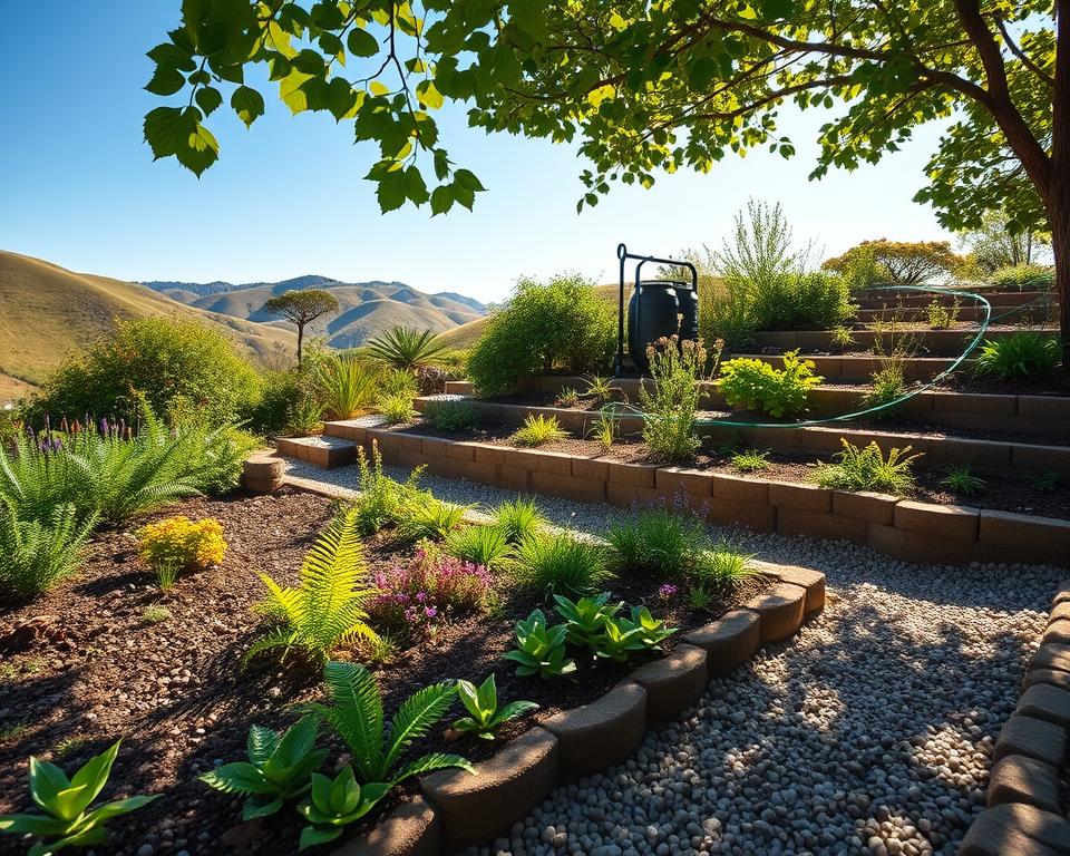 A lush hillside garden showcasing effective drainage solutions, featuring a series of terraced beds with well-defined, gently sloping edges. In the foreground, a layer of gravel drainage channels interspersed with vibrant plant life, such as ferns and colorful wildflowers, creating a harmonious blend with nature. In the middle ground, a rainwater collection system with decorative barrels complements the garden design, surrounded by healthy, thriving plants. The background depicts gentle hills under a clear blue sky, with soft sunlight filtering through the leaves, casting dappled shadows. The atmosphere is serene and inviting, evoking a sense of tranquility and connection to nature. Captured with a soft-focus lens to enhance the natural beauty and details of the garden features. A lush hillside garden showcasing effective drainage solutions, featuring a series of terraced beds with well-defined, gently sloping edges. In the foreground, a layer of gravel drainage channels interspersed with vibrant plant life, such as ferns and colorful wildflowers, creating a harmonious blend with nature. In the middle ground, a rainwater collection system with decorative barrels complements the garden design, surrounded by healthy, thriving plants. The background depicts gentle hills under a clear blue sky, with soft sunlight filtering through the leaves, casting dappled shadows. The atmosphere is serene and inviting, evoking a sense of tranquility and connection to nature. Captured with a soft-focus lens to enhance the natural beauty and details of the garden features.