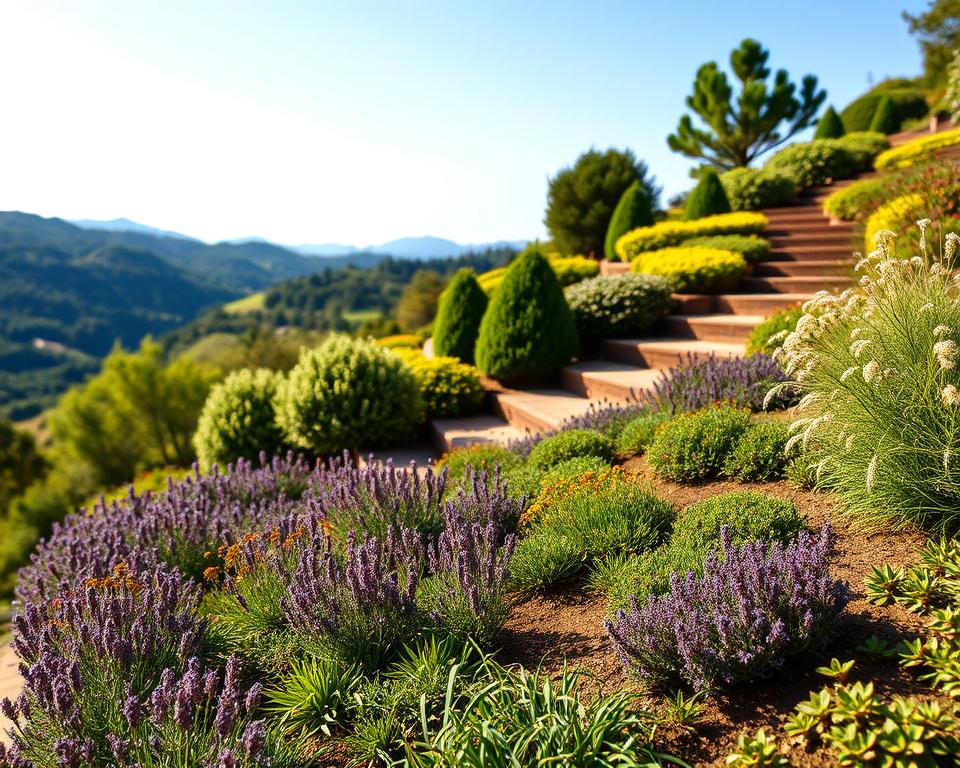 A picturesque terraced garden with a variety of robust, low-maintenance plants, situated on a gentle slope. In the foreground, vibrant perennials like lavender and sedum create a colorful border, while ground cover plants such as creeping thyme provide texture. The middle ground features resilient shrubs like dwarf junipers and ferns, artfully arranged to showcase their greenery against the earth tones of the path. In the background, a soft-focus view of lush hills under a clear blue sky enhances the tranquil atmosphere. The lighting is warm and inviting, with the sunlight casting gentle shadows, creating a serene and peaceful mood. The angle captures the layered composition of the garden, emphasizing its beauty and stability. A picturesque terraced garden with a variety of robust, low-maintenance plants, situated on a gentle slope. In the foreground, vibrant perennials like lavender and sedum create a colorful border, while ground cover plants such as creeping thyme provide texture. The middle ground features resilient shrubs like dwarf junipers and ferns, artfully arranged to showcase their greenery against the earth tones of the path. In the background, a soft-focus view of lush hills under a clear blue sky enhances the tranquil atmosphere. The lighting is warm and inviting, with the sunlight casting gentle shadows, creating a serene and peaceful mood. The angle captures the layered composition of the garden, emphasizing its beauty and stability.