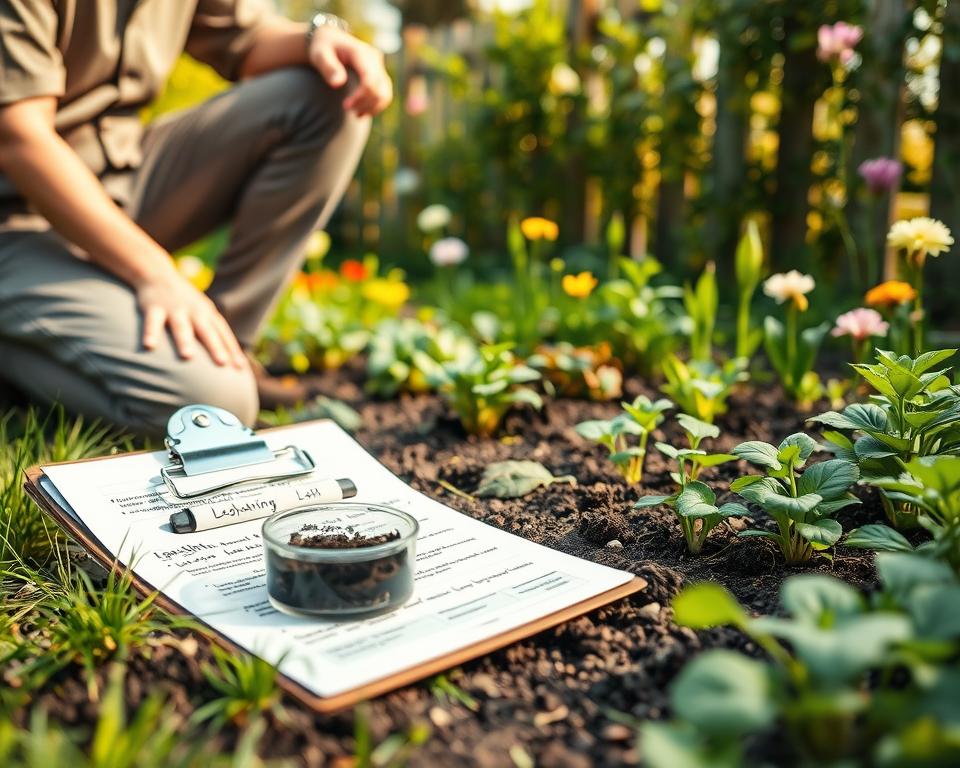 A serene garden analysis scene featuring a professional landscape designer in modest casual clothing, kneeling beside a patch of soil. In the foreground, a soil sample in a small transparent container is placed on a clipboard filled with notes about light conditions, garden layout, and plant types. The middle ground displays diverse plant species thriving in different light levels, from shaded areas to sunny spots, showcasing a rich tapestry of greens. The background is a soft, blurred view of a well-maintained garden fence with lush foliage and blooming flowers, bathed in warm afternoon sunlight. The image should evoke a sense of calm and focus, reflecting an atmosphere of thoughtful planning and observation in garden design. A serene garden analysis scene featuring a professional landscape designer in modest casual clothing, kneeling beside a patch of soil. In the foreground, a soil sample in a small transparent container is placed on a clipboard filled with notes about light conditions, garden layout, and plant types. The middle ground displays diverse plant species thriving in different light levels, from shaded areas to sunny spots, showcasing a rich tapestry of greens. The background is a soft, blurred view of a well-maintained garden fence with lush foliage and blooming flowers, bathed in warm afternoon sunlight. The image should evoke a sense of calm and focus, reflecting an atmosphere of thoughtful planning and observation in garden design.