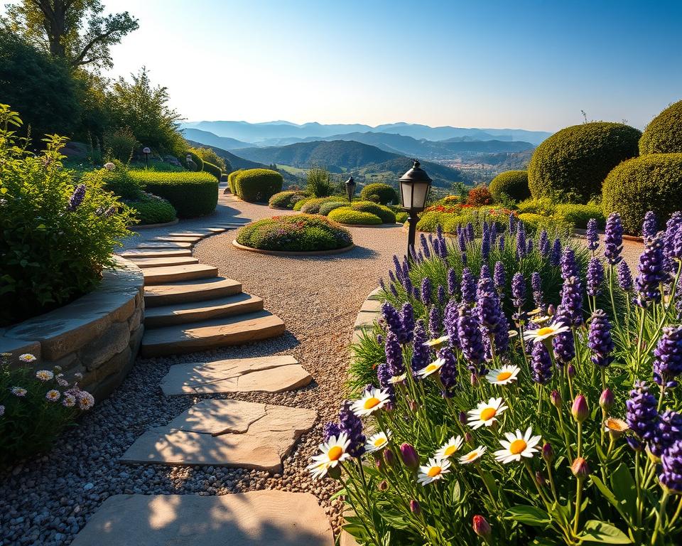 A serene garden pathway meandering through a beautifully landscaped hillside garden, featuring a mix of natural stone steps and well-defined gravel walkways. In the foreground, vibrant flowers in full bloom - including daisies and lavender - frame the path, inviting the viewer to explore. The middle ground showcases gentle curves of the garden paths, bordered by lush greenery and ornamental shrubs that create a sense of privacy and tranquility. In the background, a soft-focus view of distant hills under a clear blue sky enhances the peaceful atmosphere. The scene is bathed in warm, golden sunlight, casting soft shadows that add depth. The angle should provide a slightly elevated perspective, emphasizing the pathways’ accessibility and inviting ambiance, capturing the essence of comfort and safety in navigating the garden. A serene garden pathway meandering through a beautifully landscaped hillside garden, featuring a mix of natural stone steps and well-defined gravel walkways. In the foreground, vibrant flowers in full bloom - including daisies and lavender - frame the path, inviting the viewer to explore. The middle ground showcases gentle curves of the garden paths, bordered by lush greenery and ornamental shrubs that create a sense of privacy and tranquility. In the background, a soft-focus view of distant hills under a clear blue sky enhances the peaceful atmosphere. The scene is bathed in warm, golden sunlight, casting soft shadows that add depth. The angle should provide a slightly elevated perspective, emphasizing the pathways’ accessibility and inviting ambiance, capturing the essence of comfort and safety in navigating the garden.