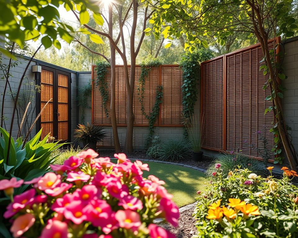 A serene small garden featuring stylish privacy screens made of natural materials like bamboo or wooden slats, artistically integrated into the landscape. In the foreground, lush flower beds with colorful blooms create an inviting feel. The middle ground showcases elegant privacy solutions that blend seamlessly with climbing plants, providing a sense of enclosure and tranquility. In the background, soft sunlight filters through the leaves of trees, casting gentle dapples on the ground, creating a warm and cozy atmosphere. The scene is captured with a wide-angle lens at eye level, ensuring a comprehensive view of the garden’s layout. The overall mood is peaceful, enhancing the idea of a personal retreat in a compact outdoor space. A serene small garden featuring stylish privacy screens made of natural materials like bamboo or wooden slats, artistically integrated into the landscape. In the foreground, lush flower beds with colorful blooms create an inviting feel. The middle ground showcases elegant privacy solutions that blend seamlessly with climbing plants, providing a sense of enclosure and tranquility. In the background, soft sunlight filters through the leaves of trees, casting gentle dapples on the ground, creating a warm and cozy atmosphere. The scene is captured with a wide-angle lens at eye level, ensuring a comprehensive view of the garden’s layout. The overall mood is peaceful, enhancing the idea of a personal retreat in a compact outdoor space.