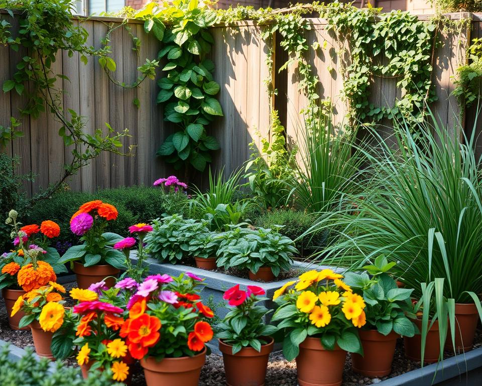 A serene small garden filled with a variety of compact and robust plants, including vibrant flowers, lush green shrubs, and ornamental grasses. In the foreground, a neatly arranged array of colorful flowers like marigolds and petunias, set in handcrafted terracotta pots. The middle ground features a small herb patch with basil and mint, surrounded by low-maintenance foliage. In the background, a rustic wooden fence partially covered in climbing vines creates a cozy atmosphere. Soft, warm sunlight filters through the leaves, casting gentle shadows across the garden. The image captures a peaceful and inviting mood, ideal for showcasing the beauty and functionality of small garden plant selections. A serene small garden filled with a variety of compact and robust plants, including vibrant flowers, lush green shrubs, and ornamental grasses. In the foreground, a neatly arranged array of colorful flowers like marigolds and petunias, set in handcrafted terracotta pots. The middle ground features a small herb patch with basil and mint, surrounded by low-maintenance foliage. In the background, a rustic wooden fence partially covered in climbing vines creates a cozy atmosphere. Soft, warm sunlight filters through the leaves, casting gentle shadows across the garden. The image captures a peaceful and inviting mood, ideal for showcasing the beauty and functionality of small garden plant selections.