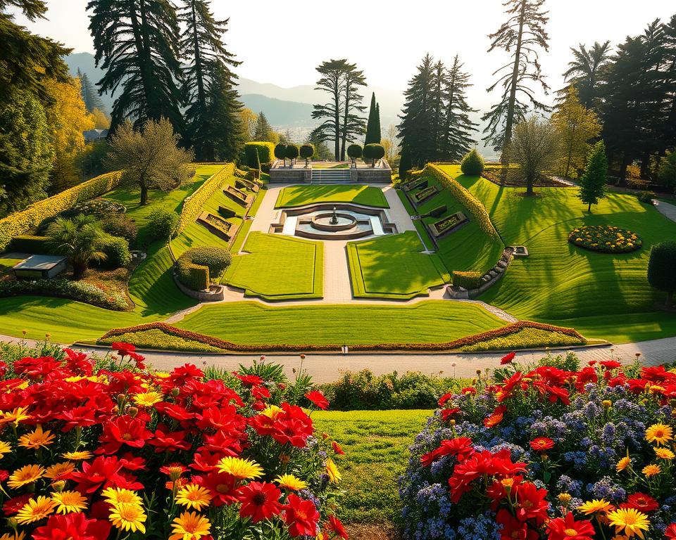 A stunning view of "Blickachsen Garten," showcasing a beautifully designed hillside garden. In the foreground, vibrant flower beds burst with color and texture, featuring rich reds, yellows, and blues arranged in artistic patterns. The middle ground presents a series of elegant pathways meandering through lush green grass, leading to a serene water feature, with gentle ripples reflecting the sky. In the background, tall trees stand proudly, framing the scene, while the golden light of late afternoon casts soft shadows, creating a warm atmosphere. The angle captures a slight elevation, emphasizing the garden's layered design, inviting viewers to imagine strolling through this green paradise. The overall mood is tranquil and inspiring, ideal for anyone dreaming of a beautiful hillside garden. A stunning view of "Blickachsen Garten," showcasing a beautifully designed hillside garden. In the foreground, vibrant flower beds burst with color and texture, featuring rich reds, yellows, and blues arranged in artistic patterns. The middle ground presents a series of elegant pathways meandering through lush green grass, leading to a serene water feature, with gentle ripples reflecting the sky. In the background, tall trees stand proudly, framing the scene, while the golden light of late afternoon casts soft shadows, creating a warm atmosphere. The angle captures a slight elevation, emphasizing the garden's layered design, inviting viewers to imagine strolling through this green paradise. The overall mood is tranquil and inspiring, ideal for anyone dreaming of a beautiful hillside garden.