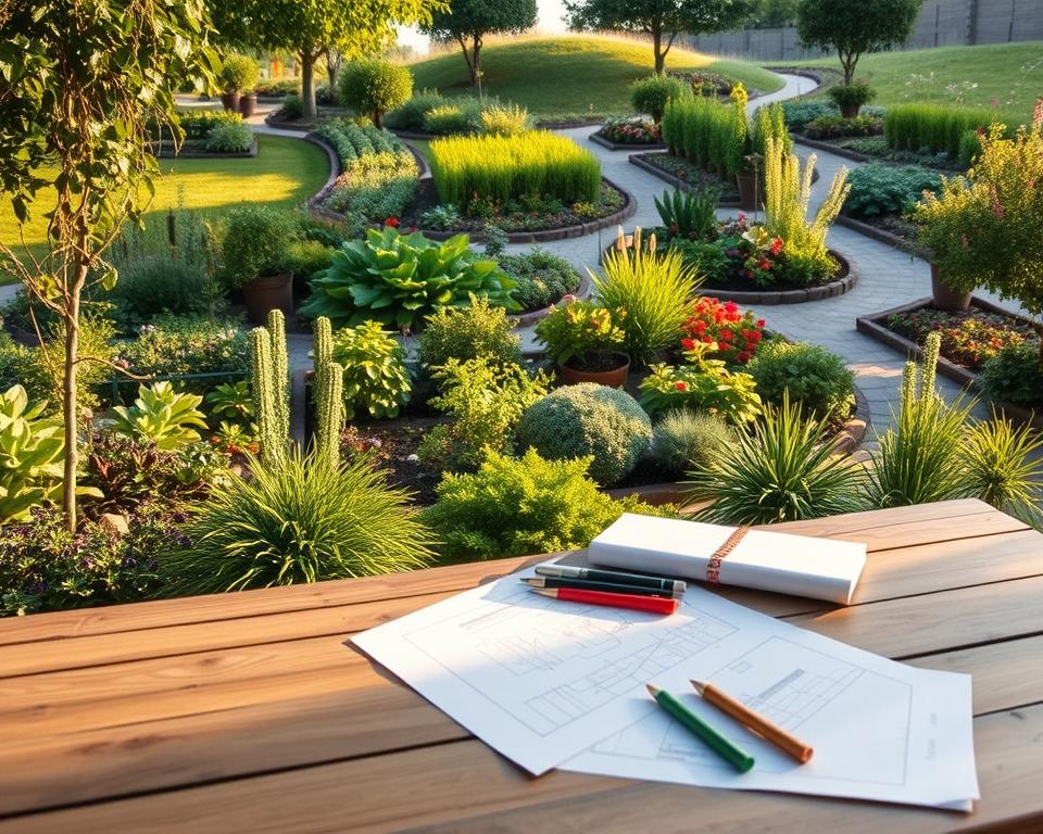 A tranquil garden scene depicting a well-organized outdoor space designed for mixing various plants and flora. In the foreground, a wooden table with plans, sketchbooks, and gardening tools symbolizes goal-setting. The middle ground features lush greenery, including diverse plants like herbs, flowers, and vegetables, arranged thoughtfully to showcase different styles. In the background, a gentle slope is adorned with garden paths winding through flower beds and shaded areas, suggesting realistic utilization of space. The lighting is warm and golden, suggesting late afternoon, casting soft shadows that enhance the inviting atmosphere. The overall mood is serene, inspiring creativity and optimism, inviting viewers to envision their dream garden. A tranquil garden scene depicting a well-organized outdoor space designed for mixing various plants and flora. In the foreground, a wooden table with plans, sketchbooks, and gardening tools symbolizes goal-setting. The middle ground features lush greenery, including diverse plants like herbs, flowers, and vegetables, arranged thoughtfully to showcase different styles. In the background, a gentle slope is adorned with garden paths winding through flower beds and shaded areas, suggesting realistic utilization of space. The lighting is warm and golden, suggesting late afternoon, casting soft shadows that enhance the inviting atmosphere. The overall mood is serene, inspiring creativity and optimism, inviting viewers to envision their dream garden.