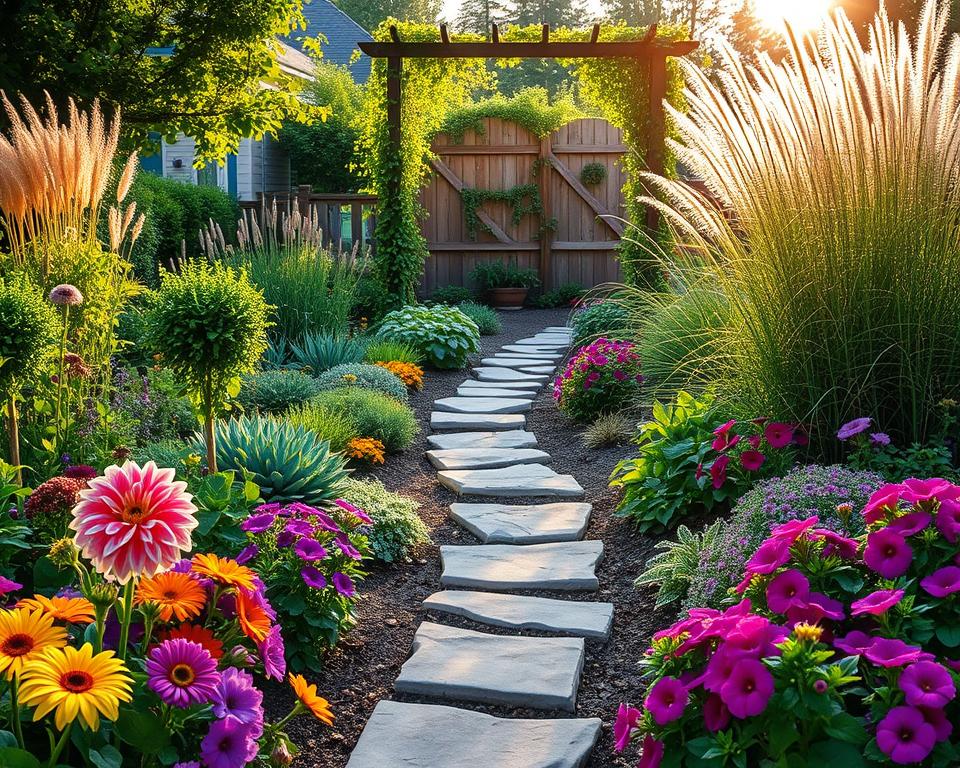 A vibrant garden scene showcasing a mix of flowering plants, herbs, and ornamental grasses, arranged thoughtfully to represent common mistakes and corrections in gardening. In the foreground, colorful blooms such as dahlias and petunias contrast with neatly trimmed herb beds. In the middle, a small garden path made of rustic stones winds through the foliage, illustrating an accessible arrangement. In the background, a well-maintained trellis supports climbing vines under soft, warm sunlight, creating a welcoming atmosphere. The lighting is golden hour, casting gentle shadows for depth. The scene evokes a sense of tranquility and inspiration, perfect for those looking to improve their garden design while avoiding common pitfalls. A vibrant garden scene showcasing a mix of flowering plants, herbs, and ornamental grasses, arranged thoughtfully to represent common mistakes and corrections in gardening. In the foreground, colorful blooms such as dahlias and petunias contrast with neatly trimmed herb beds. In the middle, a small garden path made of rustic stones winds through the foliage, illustrating an accessible arrangement. In the background, a well-maintained trellis supports climbing vines under soft, warm sunlight, creating a welcoming atmosphere. The lighting is golden hour, casting gentle shadows for depth. The scene evokes a sense of tranquility and inspiration, perfect for those looking to improve their garden design while avoiding common pitfalls.