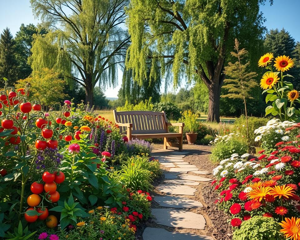 A vibrant mixgarden scene showcasing a harmonious blend of colorful flowers, vegetables, and ornamental plants. In the foreground, an array of flourishing edible plants such as tomatoes, peppers, and herbs, elegantly mixed with bright, flowering perennials like daisies and sunflowers. The middle ground features a charming wooden garden bench surrounded by lush greenery and a stone pathway winding through the garden. In the background, tall free-standing trees provide dappled sunlight, with a clear blue sky overhead. Soft, warm lighting creates a serene morning atmosphere, casting gentle shadows. The composition captures the essence of a serene retreat, inviting viewers into a tranquil gardening paradise. The angle should be slightly elevated for a comprehensive view, emphasizing the beauty of the mixgarden. A vibrant mixgarden scene showcasing a harmonious blend of colorful flowers, vegetables, and ornamental plants. In the foreground, an array of flourishing edible plants such as tomatoes, peppers, and herbs, elegantly mixed with bright, flowering perennials like daisies and sunflowers. The middle ground features a charming wooden garden bench surrounded by lush greenery and a stone pathway winding through the garden. In the background, tall free-standing trees provide dappled sunlight, with a clear blue sky overhead. Soft, warm lighting creates a serene morning atmosphere, casting gentle shadows. The composition captures the essence of a serene retreat, inviting viewers into a tranquil gardening paradise. The angle should be slightly elevated for a comprehensive view, emphasizing the beauty of the mixgarden.