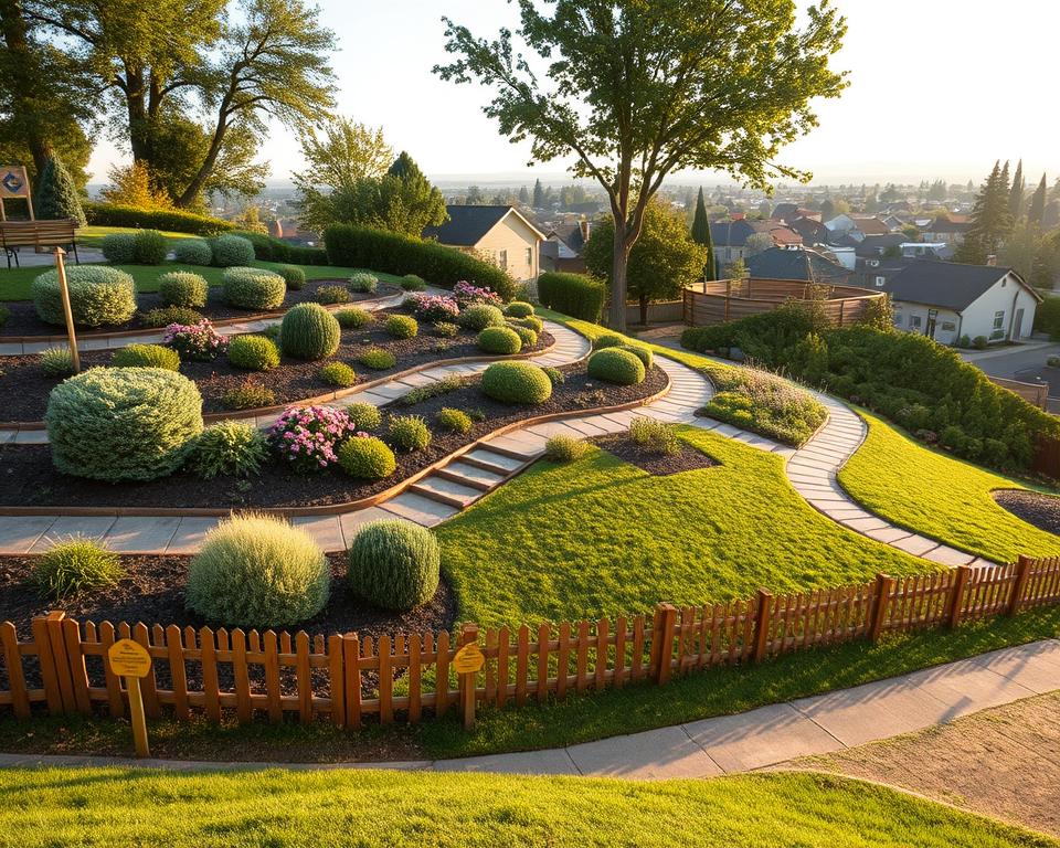 A well-maintained garden on a sloped terrain, showcasing various sections that emphasize safety and legal considerations for landscaping. In the foreground, clearly marked boundaries with low wooden fences and signs indicating property lines. The middle ground features a variety of plants, including shrubs and flowers, arranged in layers to represent thoughtful design. Neatly spaced pathways provide safe access, and a small bench sits under a tree for relaxation. The background includes distant houses, illustrating neighborhood proximity while maintaining necessary distances for legal compliance. The scene is bathed in soft, natural light during the golden hour, creating a warm and inviting atmosphere. The angle captures a slight elevation, offering a panoramic view of the garden’s layout. A well-maintained garden on a sloped terrain, showcasing various sections that emphasize safety and legal considerations for landscaping. In the foreground, clearly marked boundaries with low wooden fences and signs indicating property lines. The middle ground features a variety of plants, including shrubs and flowers, arranged in layers to represent thoughtful design. Neatly spaced pathways provide safe access, and a small bench sits under a tree for relaxation. The background includes distant houses, illustrating neighborhood proximity while maintaining necessary distances for legal compliance. The scene is bathed in soft, natural light during the golden hour, creating a warm and inviting atmosphere. The angle captures a slight elevation, offering a panoramic view of the garden’s layout.