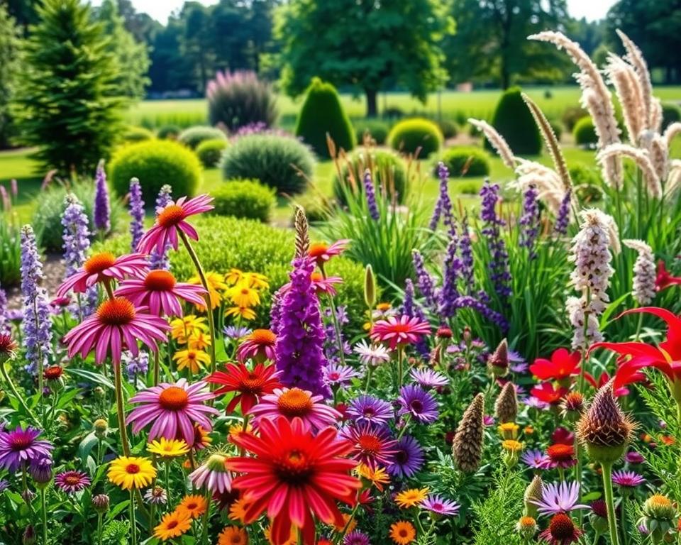 Vibrant and diverse robust garden plants suited for Germany, showcasing a rich mix of perennials, shrubs, and ornamental grasses. The foreground features vibrant flowering plants like Echinacea, Salvia, and Aster, arranged in a visually appealing cluster. In the middle ground, small bushes and decorative grasses create depth, while the background depicts a lush green landscape with trees typical of a German garden. Soft, natural sunlight filters through, casting gentle shadows and highlighting the textures of the leaves and petals. The scene is framed with a soft-focus effect on the edges to emphasize the inviting atmosphere of a well-designed garden space, capturing a serene and flourishing gardening environment in early summer. Vibrant and diverse robust garden plants suited for Germany, showcasing a rich mix of perennials, shrubs, and ornamental grasses. The foreground features vibrant flowering plants like Echinacea, Salvia, and Aster, arranged in a visually appealing cluster. In the middle ground, small bushes and decorative grasses create depth, while the background depicts a lush green landscape with trees typical of a German garden. Soft, natural sunlight filters through, casting gentle shadows and highlighting the textures of the leaves and petals. The scene is framed with a soft-focus effect on the edges to emphasize the inviting atmosphere of a well-designed garden space, capturing a serene and flourishing gardening environment in early summer.