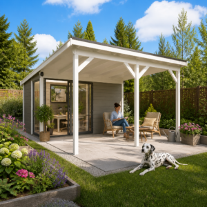 26% weniger ✓ Fichtenhaus | Holz-Gartenhaus | 4 × 3 m | Amrum-2 mit Vordach | mit Schiebetüren | 12 m²