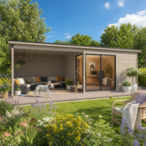 26% weniger ✓ Fichtenhaus | Holz-Gartenhaus | 4 × 4 m | Amrum-3 mit Anbau | mit Schiebetüren | Schleppdach | 16 m² Unkategorisiert online kaufen