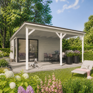 26% weniger ✓ Fichtenhaus | Holz-Gartenhaus | 5 × 4 m | Amrum-5 mit Vordach | mit Schiebetüren | 20 m²
