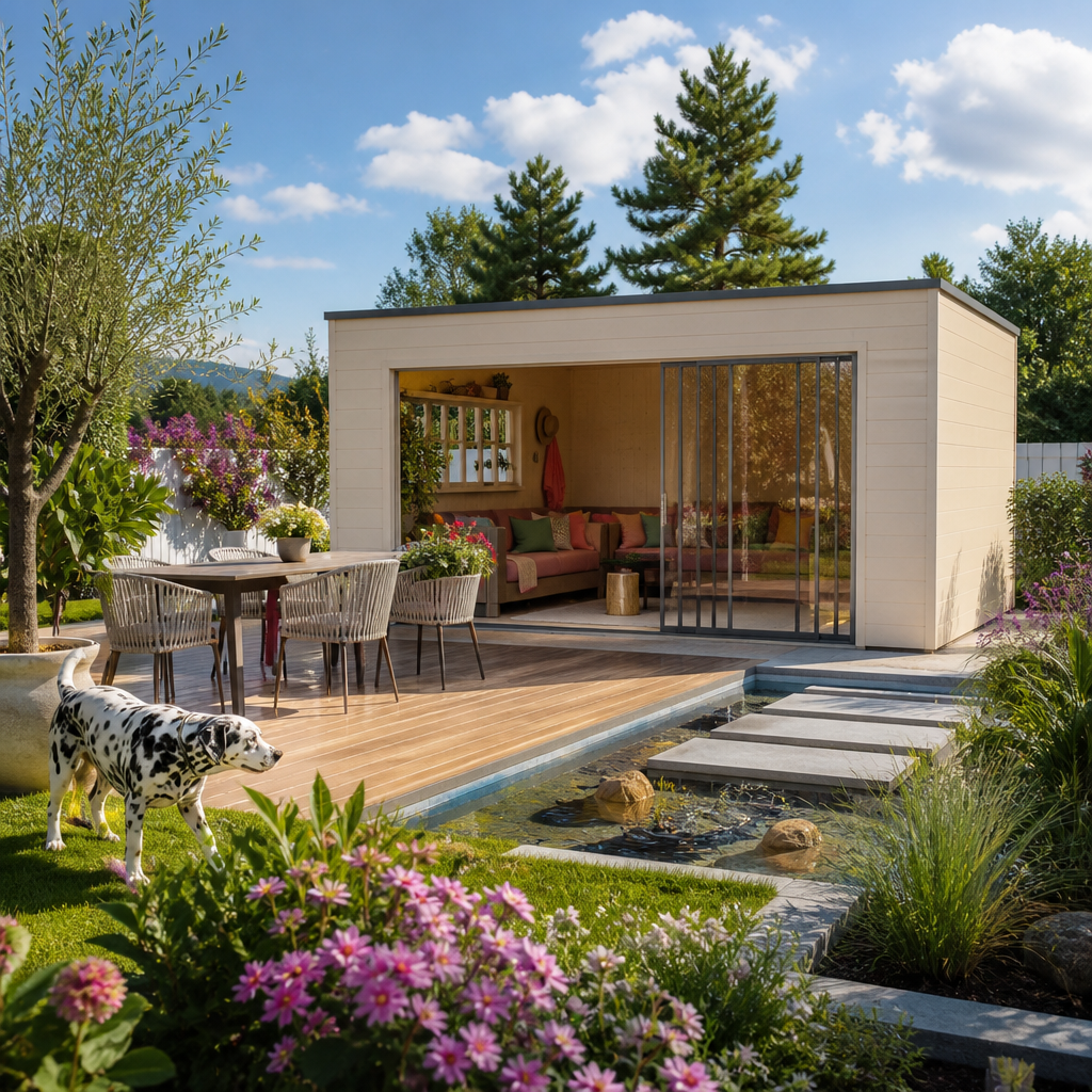 26% weniger ✓ Fichtenhaus | Holz-Gartenhaus | 5 × 5 m | Q-BIC Alu 44 E | mit Schiebetüren | 25 m²