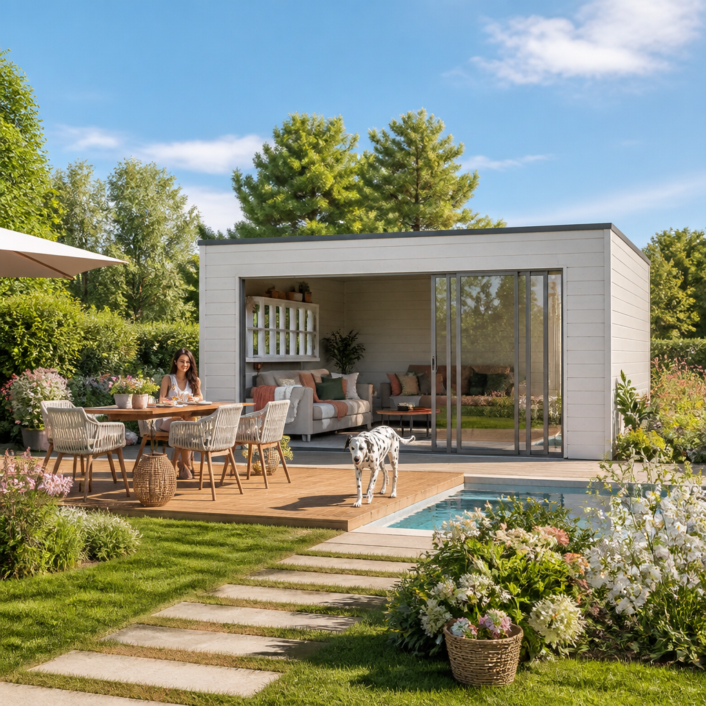 26% weniger ✓ Fichtenhaus | Holz-Gartenhaus | 5 × 5 m | Q-BIC Alu 70 E | mit Schiebetüren | 25 m²