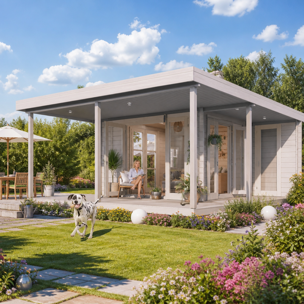 26% weniger ✓ Fichtenhaus | Holz-Gartenhaus | 8 × 6 m | Keno 70 | mit Terrasse | Flachdach | 48 m²